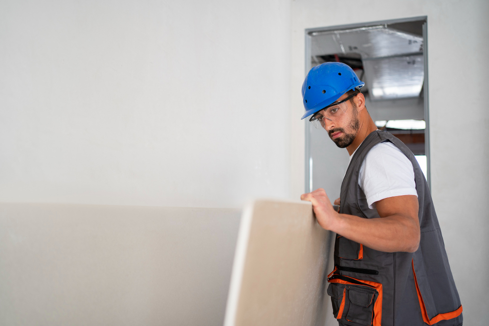 man dragging mold resitant drywall to install